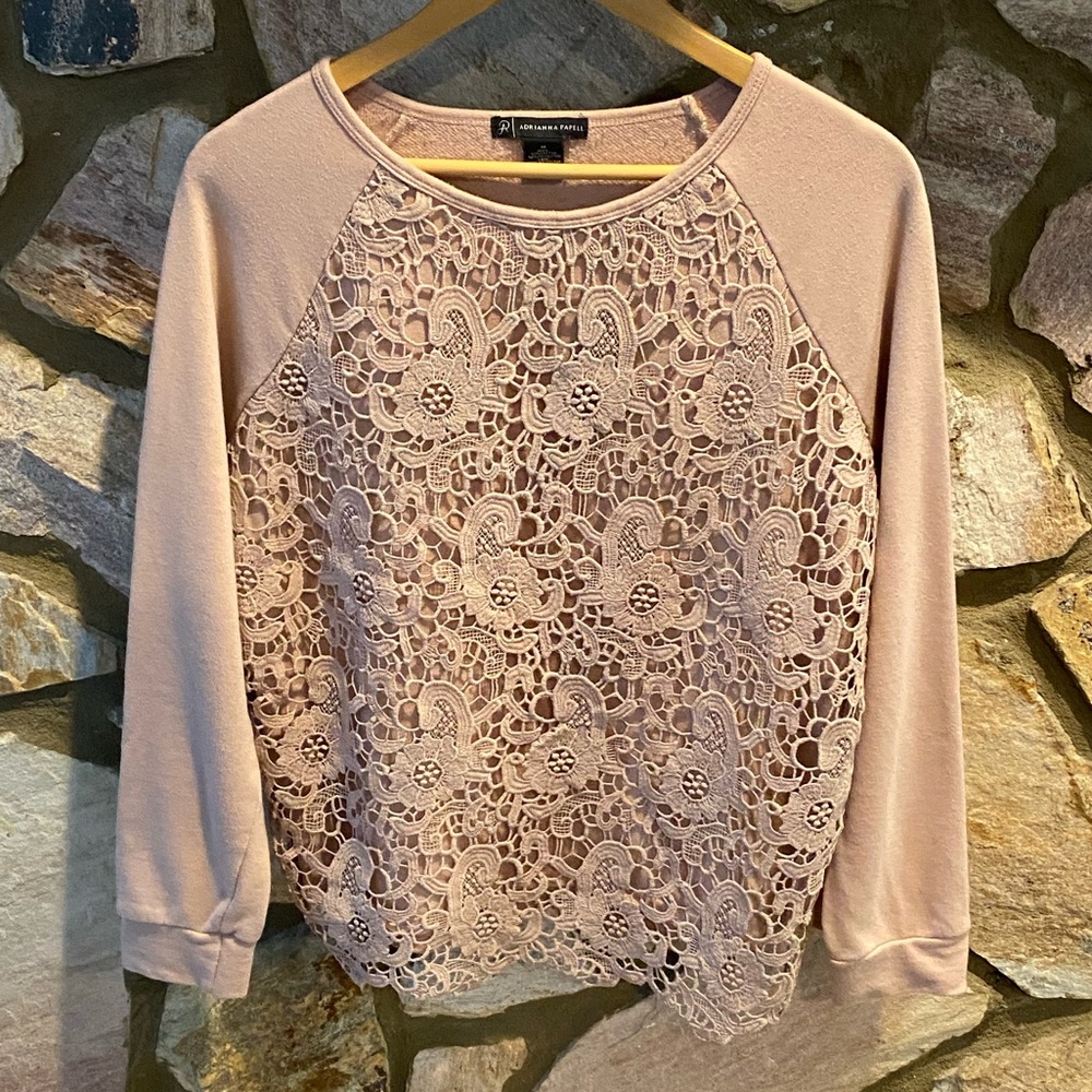 Light Pink Long Sleeve Sweater with Lace Accent